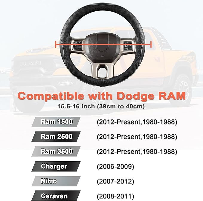 West Llama Customized Auto Car Steering Wheel Cover for Dodge RAM 1500 2500 3500, 15.5-16 inch (Black+Gray Line-Large Size)