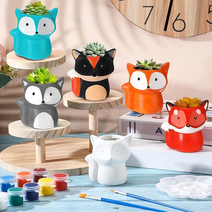 Pasimy 6 Set DIY Ceramic Succulent Planter Pots Paint Your Own Flower Pots Craft Kit Unpainted Bisque Paintable Flowerpot with Brush Palette Ready to Paint for Family Activity Gift(Fox)