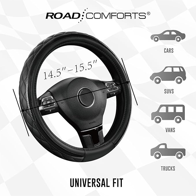 Road Comforts Leather Steering Wheel Cover – Black & Black, Universal Fit 14.5-15 Inch, Microfiber Leather, Anti-Slip & Breathable Design for Men and Women