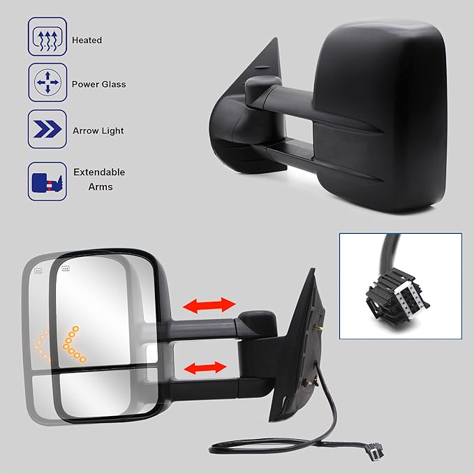 WLLW Towing Mirrors fit for 2007-2014 Chevy Silverado 1500 2500 3500 Suburban GMC Sierra Yukon with Power Heated LED Arrow Signal Light Manual Folding Telescoping Black Cap