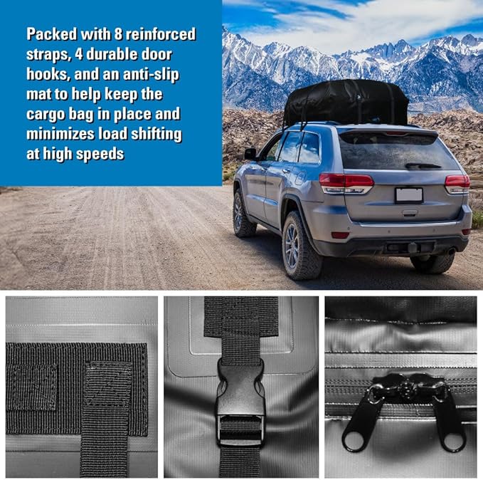 REESE 59007 Waterproof Rooftop Cargo Carrier Bag for Cars, SUVs or Trucks with/Without Roof Racks, 22 Cubic Feet, Heavy Duty 840D Abrasion-Resistant PVC Fabric with Anti-Slip Mat
