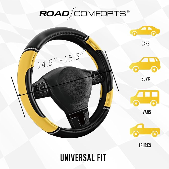 Road Comforts Leather Steering Wheel Cover - Made with PVC Leather - Anti-Slip, Universal Fit 14 1/2 inches to 15 inches - Yellow
