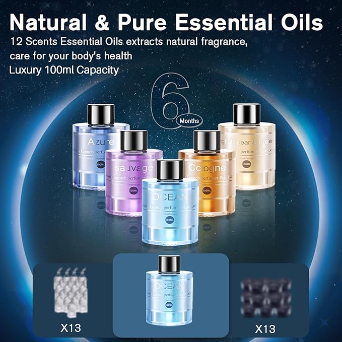 Smart Car Air Freshener Diffuser, Car Diffuser Air Fresheners Long Lasting with 100ml Perfume Last 6 Months, RGB Music Syncing Light, Auto On/Off Intelligent, 5 Adjustable Rechargeable Aroma Diffuser