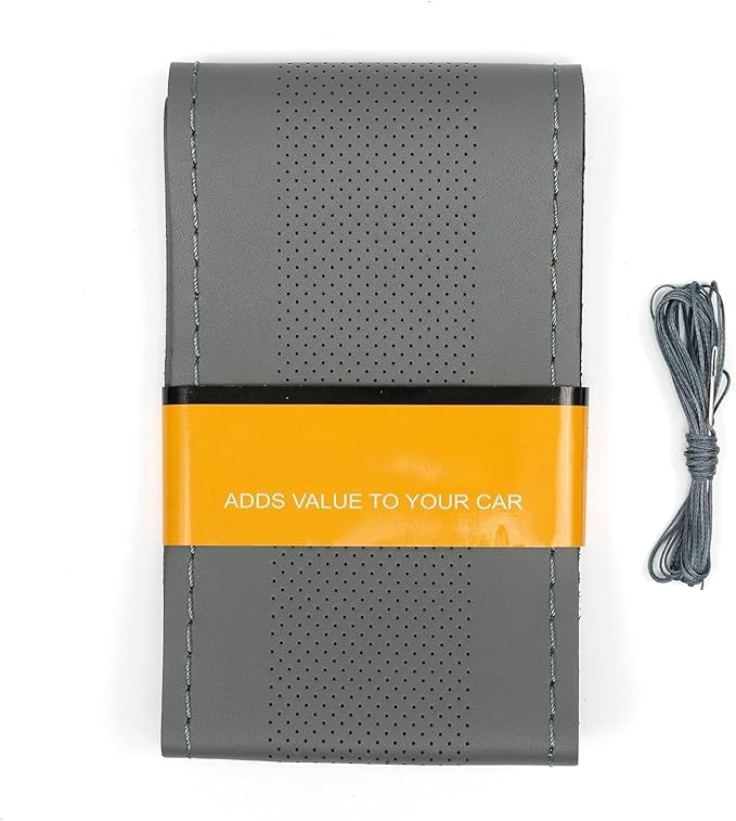 AUTOXBERT 38cm/15 Inch Genuine Leather DIY Steering Wheel Cover Soft Hand Sewing On Wrap Cover with Needles Thread fit for VW Ford Nissan Kia Vauxhall