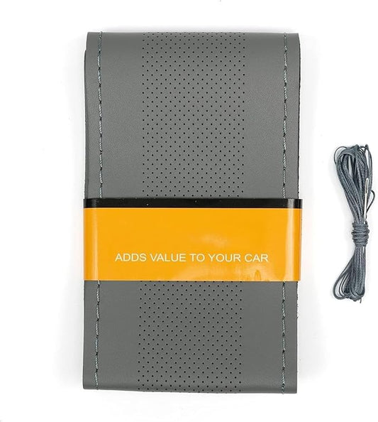 AUTOXBERT 38cm/15 Inch Genuine Leather DIY Steering Wheel Cover Soft Hand Sewing On Wrap Cover with Needles Thread fit for VW Ford Nissan Kia Vauxhall