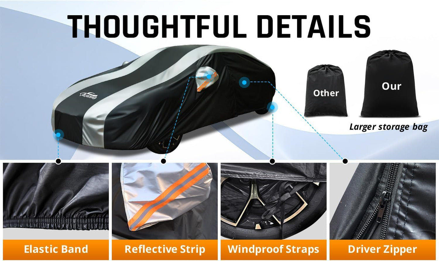 Large Car Covers Waterproof for All Weather Protection with Silver Stripe Design, Car Cover for Automobiles Universal Fit Cadillac Deville, Lincoln Continental Town, Ford Crown Victoria