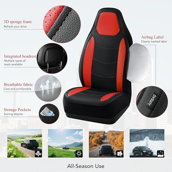 Road Comforts Car Seat Cover, Leather Seat Covers, Automotive Low Back Front Car Seat Covers, Airbag Compatible, Universal Fit for Most Cars (Red)
