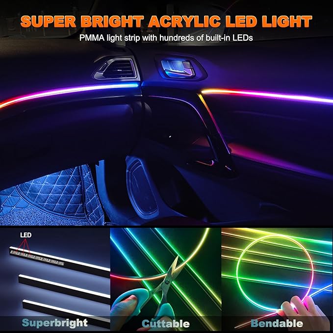 Interior Car LED Strip Lights, Acrylic LED Lights for Car with Dynamic Dreamcolor Chasing, Ambient Lighting Kits Music Sync Wireless APP and RF Remote Control (43.5+14.5'')