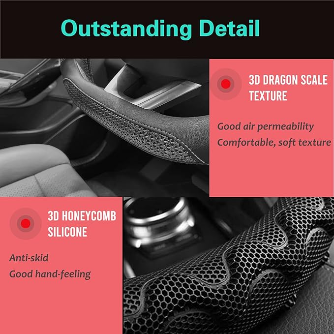 PINCTROT D Shaped 14.5-15 Inch Steering Wheel Cover Great Grip with 3D Honeycomb Anti-Slip Design, Flat Bottom 14.5-15 Inch (All Black)