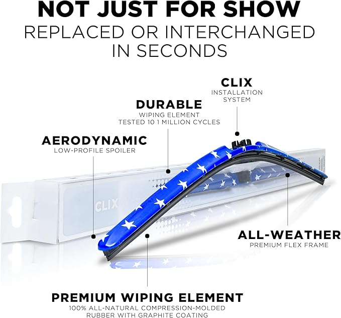 ClixWipers 24" + 14" (Set of 2) Stars All Weather Premium Automotive Replacement Windshield Wiper Blades, Passenger and Driver Side Winter Wiper Blades for Various Car Models