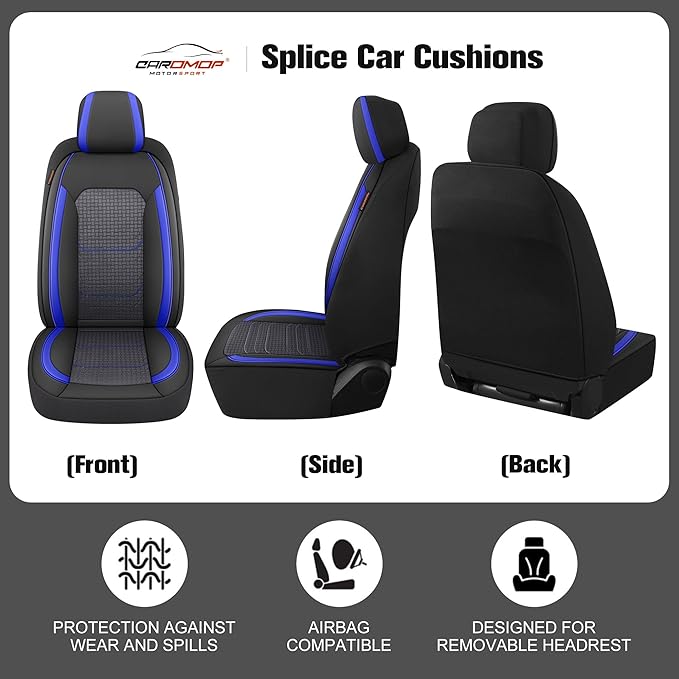 CAROMOP Premium PU Leather&Flannel Car Seat Covers 2 Front Set with Breathable Cloth,Universal Fit for Most Car Interior Covers-Sedan Truck SUV(Black/Blue)