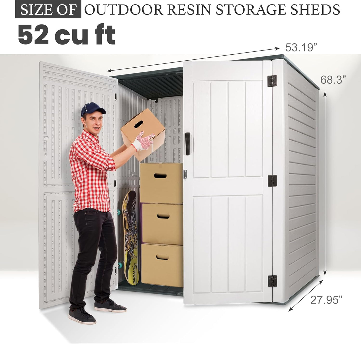 Outdoor Storage Cabinet, 52 Cu ft Resin Storage Box for Patio Garden Yard - Weatherproof Outdoor Storage Shed for Tools Pool Supplies - Lockable Vertical Storage Shed