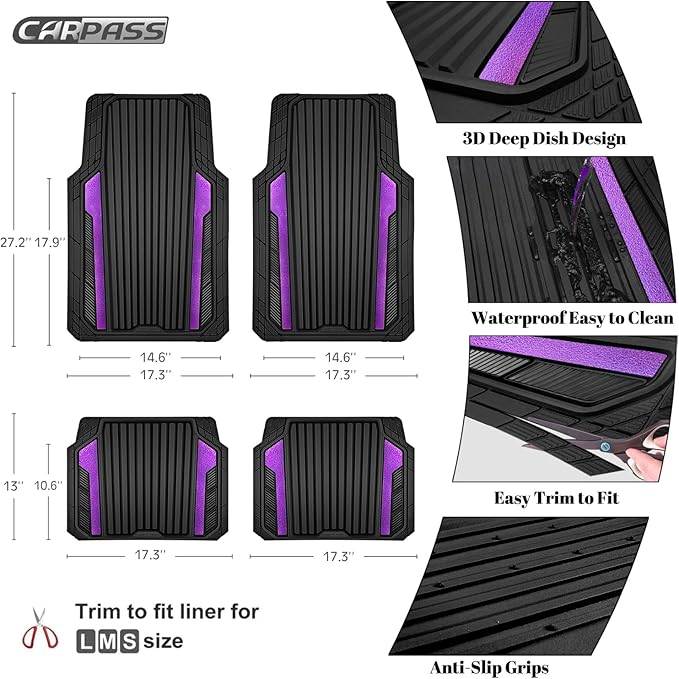 CAR PASS Heavy Duty Rubber Car Mats Metallic,Aluminum Film All Weather Floor Mats Waterproof Universal Trim to Fit SUVs Sedans Vans 4 Piece Anodized Deep Dish Two-Tone Sporty Black Purple Chrome