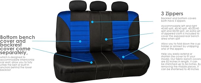 FH Group Automotive Car Seat Covers Full Set Premium 3D Air Mesh Front Seat Covers, Airbag Compatible & Split Bench Cover Universal Fit Interior Accessories for Cars Trucks and SUVs - Blue