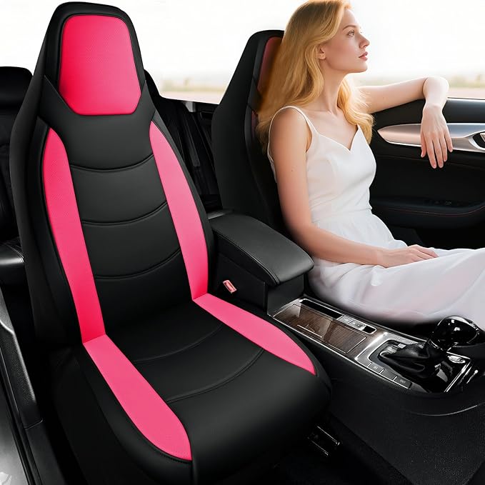 Road Comforts Car Seat Cover, Leather Seat Cover Full Set, Automotive Interior Seat Covers, Universal Fit for Most Cars, SUVs, Trucks, and Vans, Airbag Compatible (Hot Pink)