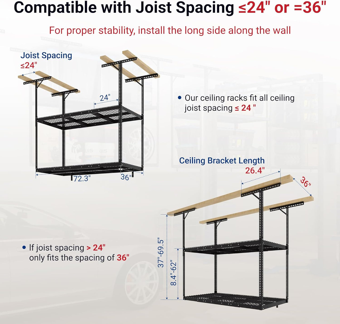FLEXIMOUNTS 3x6 2-Tier Overhead Garage Storage Rack – Adjustable Heavy Duty Metal Garage Ceiling Storage Racks, 880 lbs Capacity – Garages Organization System for 10–15 ft Tall Garages, Black