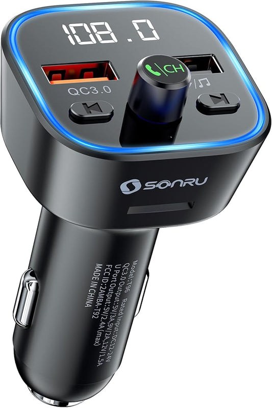 SONRU Bluetooth 5.3 FM Transmitter, Wireless Radio Adapter Car Kit, Audio Receiver Car Charger, Wireless FM Radio Transmitter, Hands-Free Calling and 2 USB Ports Charger, HiFi Treble & Bass Player