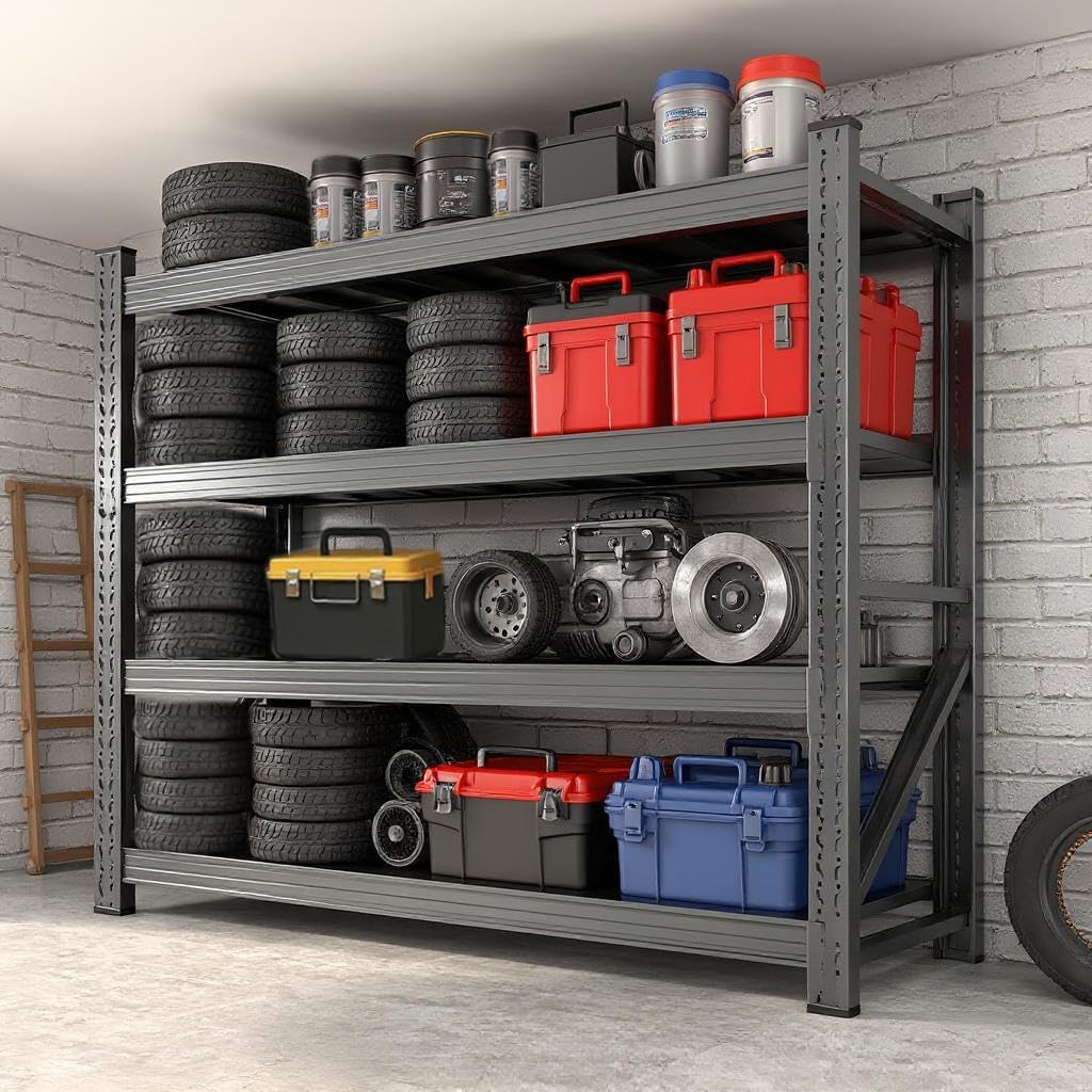 59" W Garage Shelving, Heavy Duty 4 Tier Metal Storage Shelves, Adjustable Industrial Shelving Unit for Garage, Warehouse, Workshop