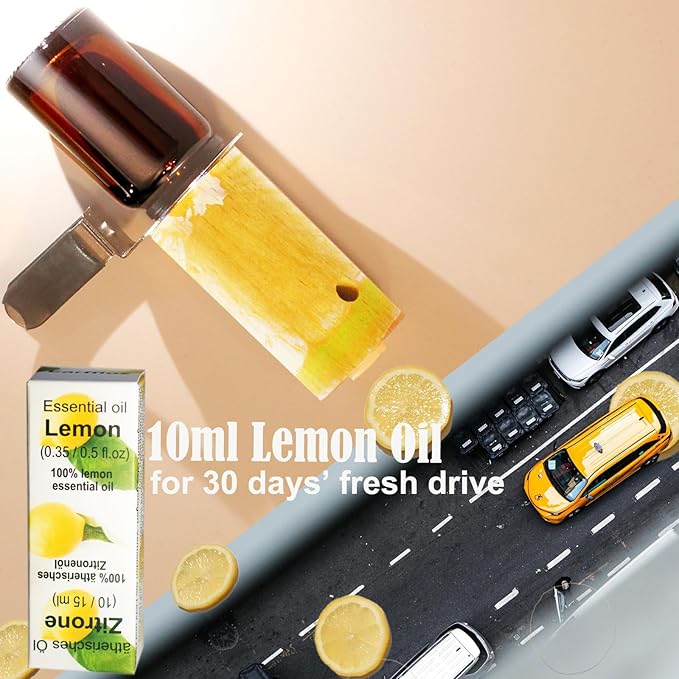 2-set Refillable Lemon Car Scent 60 Days’ Odor Fighting Non-toxic Strong Natural Fragrance, Vent Clip Wood Diffuser & Pure Essential Oils Auto Air Freshener (2x Beech Diffuser + 2x10ml Oil)