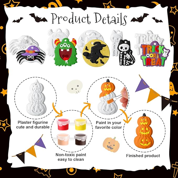 Seenelling 24 Sets Halloween DIY Painting Kits Paint Your Own Ceramics Pumpkin Ghost Unpainted Plaster Statues Arts and Crafts with Brush, Lanyard for Kids Halloween Gifts Party Decor (Classic)