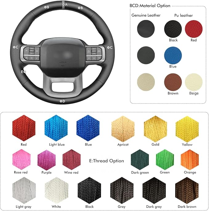 MEWANT DIY Hand Stitch on Black Genuine Leather Steering Wheel Wrap for Ford F-150 2021-2023 / F-150 Lightning 2022-2023