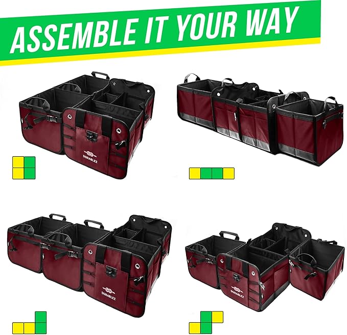 Extra Large Car Trunk Organizer for SUV - Trunk Storage - Modular Configurable Detachable Collapsible - Minivan Truck Sedan Van - 4 Compartment XXL, Cherry
