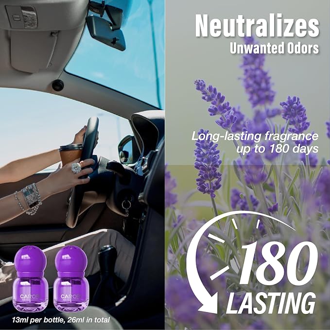 Car Air Freshener Vent Clip, Car Fresheners Long Lasting Scent (13ml x 2 Pack), Up to 180 Days, Air Freshener Deodorizer Odor Eliminator for Auto - Lavender Perfume
