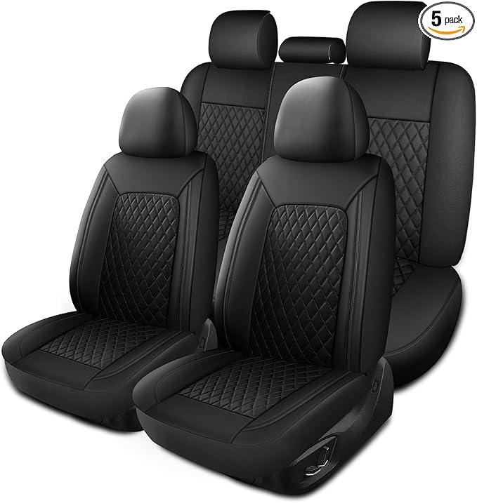 Leather Car Seat Covers,Breathable and Waterproof Seat Cover Full Set,PU Premium Universal Fit Automotive Airbag Compatible for Cars Sedans SUVs Vans and Trucks(Full Seat,Black,N1)