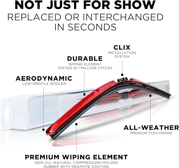 ClixWipers 22" + 22" (Set of 2) Red Chrome All Weather Premium Automotive Replacement Windshield Wiper Blades, Passenger and Driver Side Winter Wiper Blades for Various Car Models