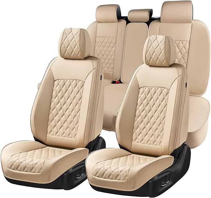 Huidasource Beige Seat Covers, Car Seat Covers Front ＆ Split Rear Bench, Seat Covers Full Set, Nappa Leather Seat Cover Protector Universal Fit for Most Cars, Vans, Trucks, SUVs (Full Set/Beige)