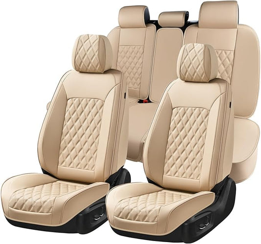 Huidasource Beige Seat Covers, Car Seat Covers Front ＆ Split Rear Bench, Seat Covers Full Set, Nappa Leather Seat Cover Protector Universal Fit for Most Cars, Vans, Trucks, SUVs (Full Set/Beige)
