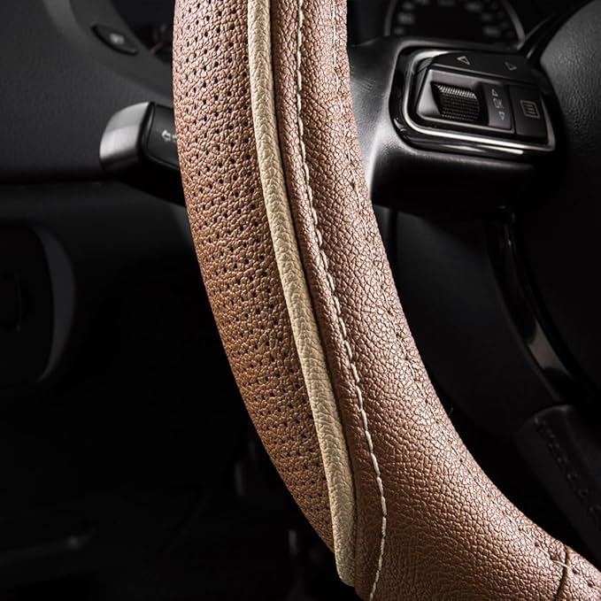 CAR PASS Brown Delux Leather Steering Wheel Cover, Universal Fit for Suvs,Sedans,Vans,Small Trucks for 14.5" to 15"(Brown & Beige Piping)