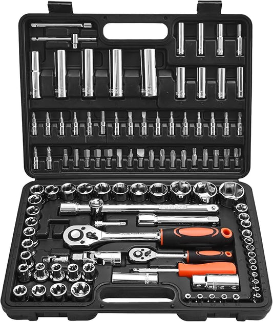 VEVOR Socket Set, 108 Pieces, 1/4 & 1/2 inch Drive Socket and Ratchet Set, Metric Size from 4 to 32 mm, Mechanic Tool Kit with Bits, Accessories, Storage Case, CR-V Alloy Steel, for Automotive Repair