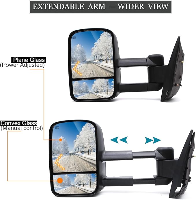 ReYee Towing Mirrors for 2007-2014 Chevy Silverado 1500 2500 3500 Tahoe Suburban GMC Sierra Yukon Tow Mirror with Power Adjust Heated LED Arrow Signal Light Manual Folding Telescoping Black Cap LH RH
