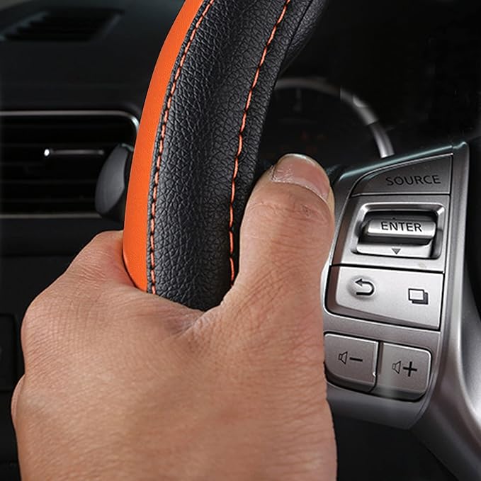 Leather Car Steering Wheel Cover, Non-Slip Car Wheel Cover Protector Breathable Microfiber Leather Universal Fit for Most Cars (Orange-2)