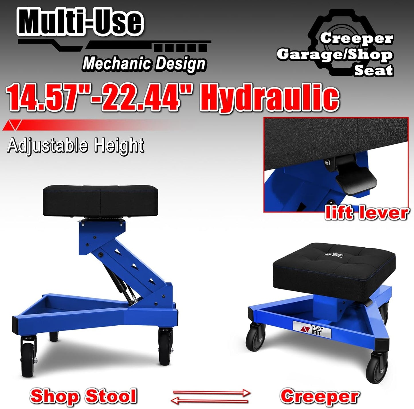 Mechanic Stool with Wheels, Hydraulic Adjustable Shop Stool on Wheels, Garage Work Rolling Chair for Workshop, 400 LBS Capacity, 4 Inch Casters, 360° Swivel Casters Roller Chair, Blue