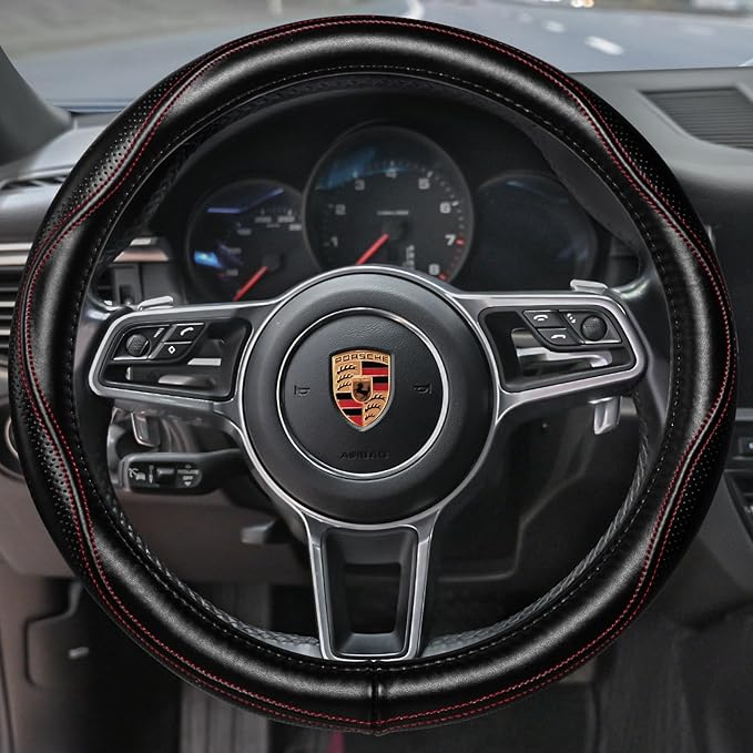 HAOKAY Top Grade Black Genuine Leather Steering Wheel Cover Men Women, Luxury Steering Wheel Cover for Cars, SUVS and Trucks, Universal 14.5-15 inch