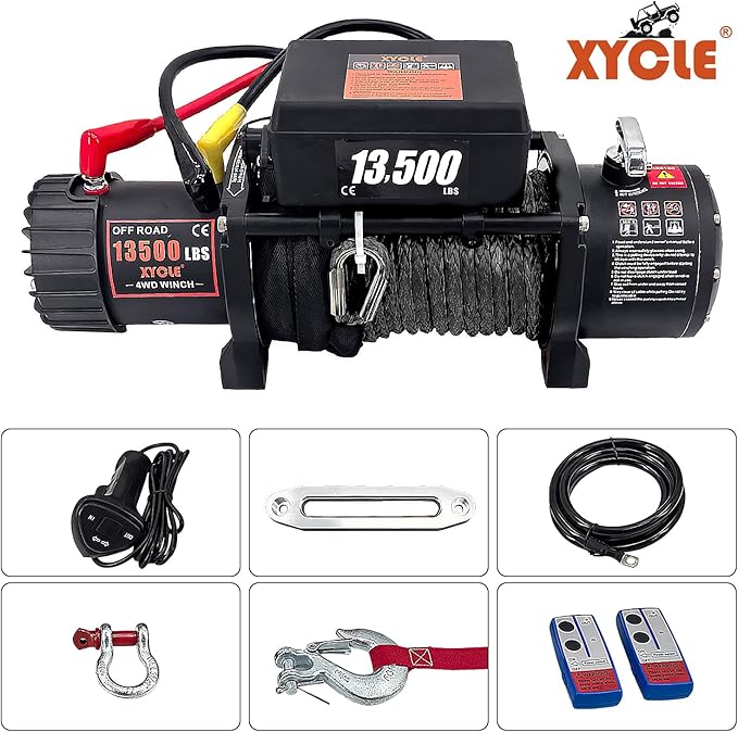 Winch13500lbs 12V Waterproof Electric Winch Synthetic Rope Electric Winch Towing Winch Boat Trailer Winch SUV 4-Wheel Drive Off-Road Vehicle with Remote Control 3/8 Synthetic Rope (Black)