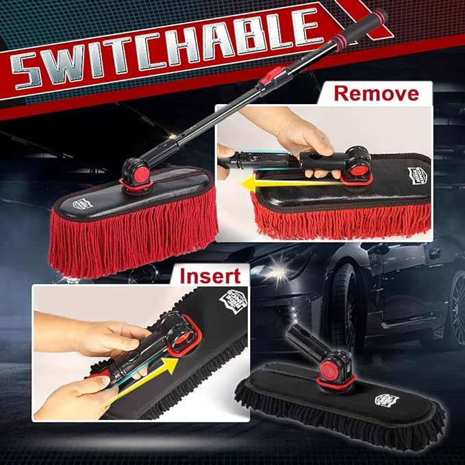 2In1 Brush And Duster For Car Exterior,Chenille Car Wash Brush Mop*1PC,Wax Cotton Car Duster Mop*1PC Remove Dust,Freely Switch A Retractable Black Steel Pole,Car Cleaning Supplies For Boat Truck Rv