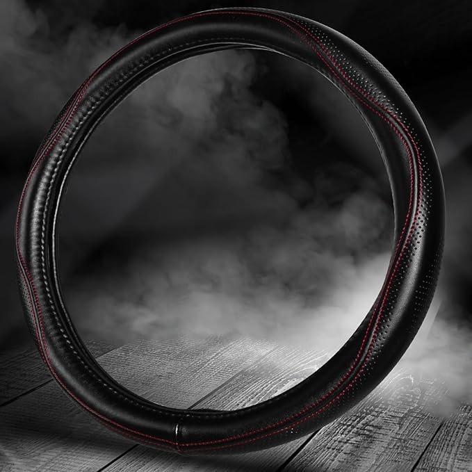 HAOKAY Top Grade Black Genuine Leather Steering Wheel Cover Men Women, Luxury Steering Wheel Cover for Cars, SUVS and Trucks, Universal 14.5-15 inch