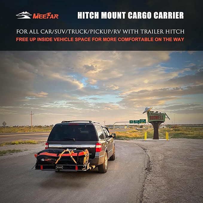 MeeFar Folding Hitch Mount Cargo Carrier Basket 60" X 20" X 6"+Waterproof Cargo Bag 16 Cubic Feet(58" 19" 24"),Hauling Weight Capacity of 500 Lbs and A Folding Arm.with Hitch Stabilizer,Net and Straps
