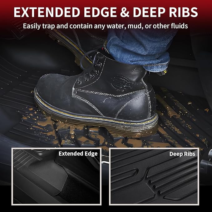 LASFIT Floor Mats for Ford F-150 2021-2025 | F150 Lightning 2022-2025 SuperCrew (Rear w/Fold Flat Storage) Carpet Floor All Weather Car Liners TPE Truck Mats - 1st and 2nd Row, 3pcs Black