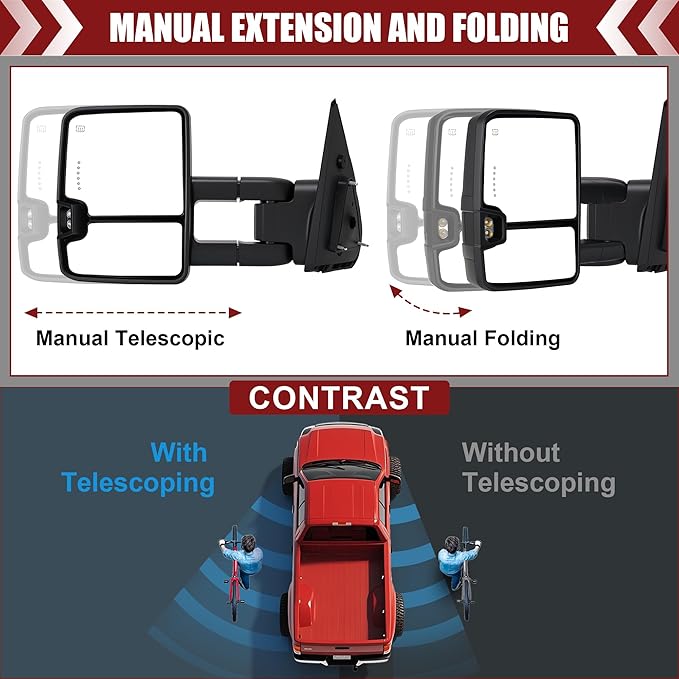 Tow Mirrors Compatible with 2007-2021 Tundra, 2008-2017 Sequoia, Extended Trailer Towing Side Mirrors with Sequential Switchback Turn Signal, Power Heated, Backup Light, Arrow Light, Black