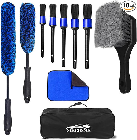 NIKCOSMK 10Pcs Wheel Brush Kit for Cleaning Wheel and Tire, Wheel and Rim Brush, Car Detailing Brushes, Tire Brush, Bendable & Durable Car Wheel Rim Cleaner Brush Set,Car Cleaning Brush Supplies Kit