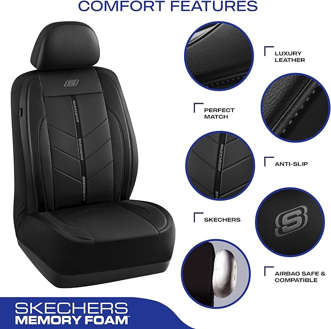 Skechers Car Seat Covers,Luxury Faux Leather Seat Covers,Waterproof Anti Slip Car Seat ProtectorFull Set,Car Accessories Airbag Universal Fit for Most Cars,Vans,Trucks,SUV,Black