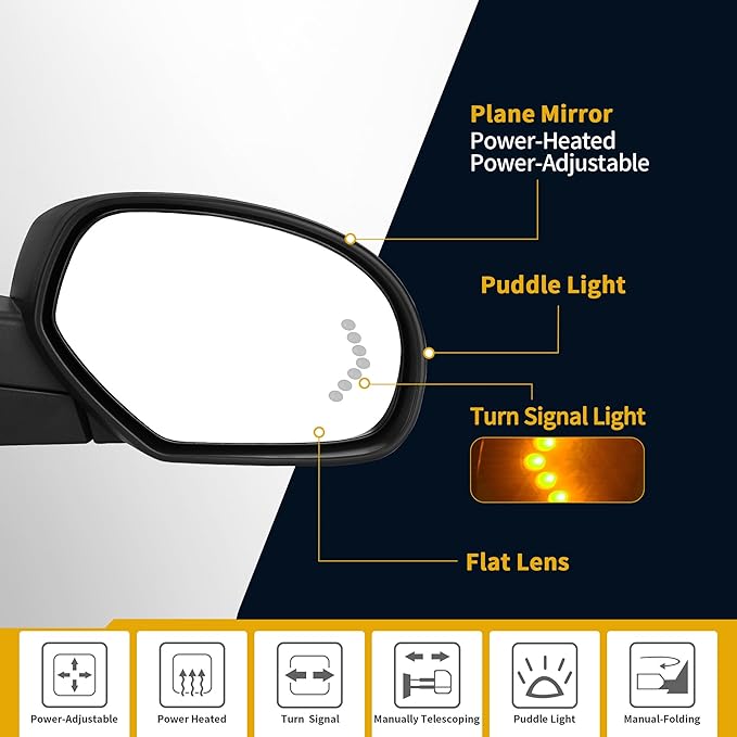 DWVO Left Driver Side Towing Mirror for 2007-2014 Chevy Silverado & GMC Sierra New Body - Electric Heated Defrost, Power Adjustable Glass, LED Turn Signal, Puddle Lamp, Manual Folding