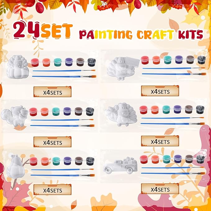 Foilswirl 24 Set Thanksgiving Turkey Ceramic to Paint Thanksgiving DIY Painting Kit Paint Your Own Fall Pumpkin Crafts Unpainted Turkey Figurine Plaster with Brushes Bags for Decor Party Favor Gifts