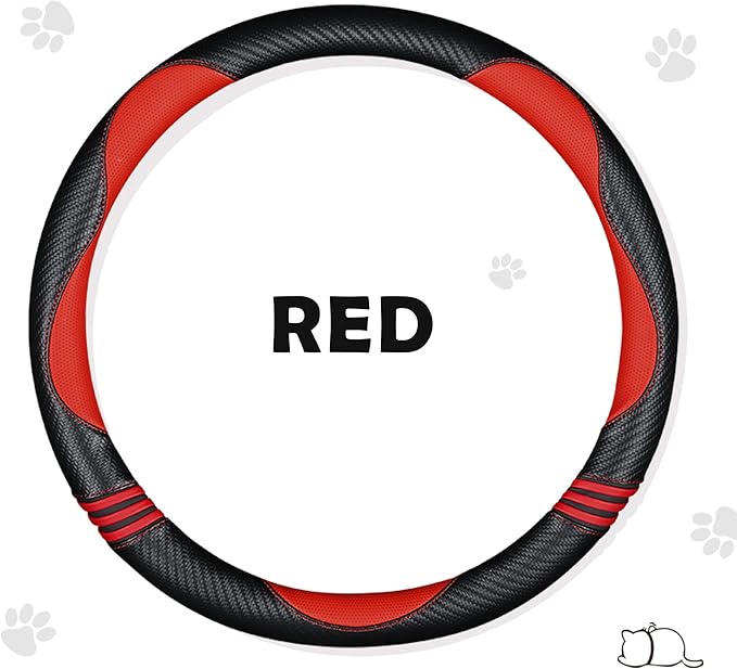 Car Steering Wheel Covers for Women Padded Carbon Fiber PU Leather Cute Auto Interior Accessories for Vehicle, Sedan, Universal, Anti Slip, Red, Standard Size 14.5-15"(37-38cm)