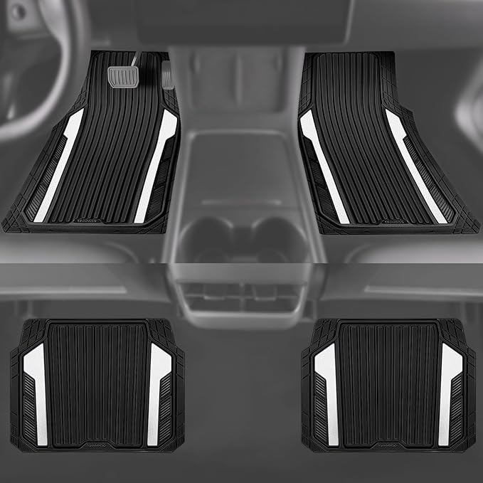 CAR PASS Heavy Duty Rubber Car Mats Metallic,Aluminum Film All Weather Floor Mats Waterproof Universal Trim to Fit SUVs Sedans Vans 4 Piece Anodized Deep Dish Two-Tone Sporty Black White Chrome