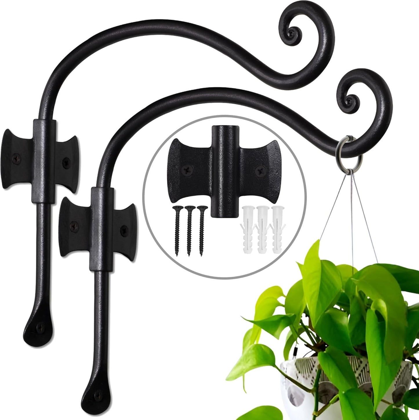 RTZEN Plant Hangers Outdoor or Indoor - Wrought Iron Metal Hanger Indoor Hook - Heavy Duty Wall Bracket Hooks for Hanging Plants Baskets Lanterns Wind Chimes - 2 Pack (Black Axe-Shape Hooks)